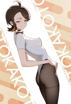 1girl absurdres ahoge alternate_costume artist_name ass bare_arms braid braided_sidelock breasts brown_eyes brown_hair commentary dutch_angle english_commentary english_text flipped_hair from_side hair_ornament half-closed_eyes heattech_leotard highres impossible_clothes impossible_shirt juliana_(pokemon) leotard light_blush long_sidelocks looking_at_viewer medium_hair nintendo orange_hair otokakoto pantyhose pokemon pokemon_sv seductive_smile shirt sidelighting sidelocks simple_background single_sidelock small_breasts smile solo standing swept_bangs turtleneck turtleneck_shirt white_shirt