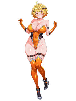 1girl absurdres ahoge bat_hair_ornament blonde_hair breast_zipper breasts commentary_request crotch_zipper elbow_gloves fishnet_gloves fishnet_thighhighs fishnets full_body gloves hair_ornament hairclip high_heels highres hololive large_breasts leotard naguanan orange_gloves orange_leotard orange_thighhighs shoes short_hair solo standing strapless strapless_leotard taimanin_suit thighhighs virtual_youtuber yellow_eyes yozora_mel