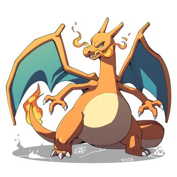 charizard claws clip_studio_paint_(medium) colored_skin fiery_tail fire full_body gen_1_pokemon looking_at_viewer mistray-art nintendo no_humans numbered open_mouth orange_skin pokemon pokemon_(creature) signature simple_background solo tail white_background wings