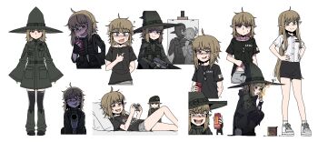 1girl ? absurdres ahoge blue_eyes brown_hair can cellphone dog_tags elf energy_drink gun han_luna hat highres holding holding_can holding_phone holding_weapon karepack long_hair long_sleeves messy_hair military_uniform original phone pointy_ears rifle simple_background skirt smoking tongue tongue_out very_long_hair weapon white_background witch_hat