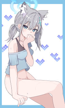 1girl absurdres alternate_hairstyle animal_ear_fluff animal_ears between_breasts black_bra blue_archive blue_eyes blue_halo blue_shirt blush bottomless bra breasts collar commentary grey_hair hair_ornament halo heart heart_in_eye highres kanimiso30601 looking_at_viewer medium_hair off-shoulder_shirt off_shoulder ponytail shiroko_(blue_archive) shirt sidelocks solo symbol_in_eye underwear wet white_background