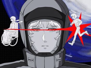 Rule 34 | 2boys, aeug, bad end, book, char aznable, earth (planet), gundam, helmet, highres, holding, holding book, kamille bidan, mecha pilot suit, military uniform, multiple boys, normal suit (gundam), planet, ptsd, quattro bajeena, running, space, thousand yard stare, tomori 151, vegetative state, wheelchair, zeta gundam
