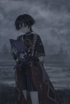 1boy armor black_bodysuit black_cat black_hair black_kimono black_shorts black_sleeves blunt_ends bodysuit bright_pupils cat closed_mouth frilled_sleeves frills furisode genshin_impact gold grass hands_up highres holding holding_stuffed_toy japanese_armor japanese_clothes jewelry juban kimono kote kurokote layered_sleeves looking_at_object male_focus mandarin_collar mitsudomoe_(shape) neck_ring o-ring outdoors overcast purple_eyes purple_rope purple_sash purple_sleeves rain red_kimono red_sash rope sash scaramouche_(cat)_(genshin_impact) scaramouche_(genshin_impact) shimenawa short_sleeves shorts sky solo standing stuffed_animal stuffed_toy tomoe_(symbol) tsurime white_kimono white_pupils white_rope yoruli_e