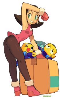 absurdres arm_up armpits artist_name ass bad_link box brekkist brown_hair brown_legwear cardboard_box earrings gloves green_eyes grin highres jewelry mega_man_(series) mega_man_legends_(series) on_box pantyhose pink_footwear pink_gloves servbot_(mega_man) simple_background smile standing tron_bonne_(mega_man) white_background