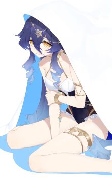 1girl absurdres baiyinzhideng bare_shoulders blending blue_hair bracelet breasts chinese_commentary colored_tips commentary_request drill_hair drill_sidelocks genshin_impact gold_bracelet gold_thighlet hair_between_eyes hand_between_thighs high-waist_shorts highres jewelry layla_(genshin_impact) long_hair looking_at_viewer multicolored_hair pointy_ears shorts sidelocks sitting small_breasts solo thighlet wariza wavy_mouth yellow_eyes