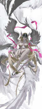 Rule 34 | 1girl, absurdres, angel, angewomon, bare shoulders, belt, blonde hair, bodysuit, boobplate, breastplate, breasts, cleavage, clothing cutout, commentary, covered eyes, digimon, digimon (creature), feathered wings, full body, helmet, helmet over eyes, highres, incredibly absurdres, large breasts, long hair, m1key02, multiple wings, o-ring, stomach cutout, strapless bodysuit, white bodysuit, white wings, winged helmet, wings
