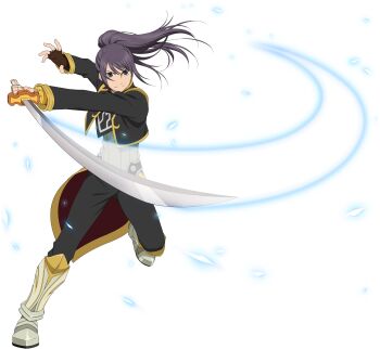 Rule 34 | 1boy, armored boots, artist request, black coat, black eyes, black hair, black pants, boots, closed mouth, coat, fighting stance, full body, game cg, grey shirt, highres, holding, holding sword, holding weapon, knee boots, left-handed, long hair, looking at viewer, male focus, official alternate costume, official alternate hairstyle, official art, pants, ponytail, shirt, simple background, slashing, smile, solo, standing, standing on one leg, surcoat, sword, tales of (series), tales of asteria, tales of vesperia, third-party source, transparent background, waist cape, weapon, yellow trim, yuri lowell, yuri lowell (true knight)