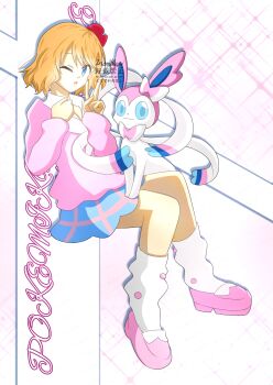 025x3104 :3 absurdres aqua_eyes aqua_skirt brown_hair closed_mouth collared_shirt commentary_request cosplay fairy_miku_(project_voltage) fairy_miku_(project_voltage)_(cosplay) flower gen_6_pokemon hair_flower hair_ornament hatsune_miku hatsune_miku_(cosplay) highres long_sleeves nintendo one_eye_closed open_mouth pink_shirt pink_shoes pokemon pokemon_(anime) pokemon_(creature) pokemon_xy_(anime) project_voltage serena_(pokemon) shirt shoes short_hair skirt socks sylveon v vocaloid watermark white_socks