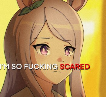 1girl animal_ears bow commentary ear_bow ear_ornament english_commentary english_text frown green_bow highres horse_ears horse_girl long_hair mejiro_mcqueen_(umamusume) meme purple_eyes purple_hair scared signature solo squid_game tearing_up tears the_freakin_yui umamusume