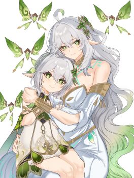2girls ahoge bare_shoulders bracelet closed_mouth collarbone commission cross-shaped_pupils crystalfly_(genshin_impact) detached_sleeves dress genshin_impact gold_bracelet gradient_hair green_eyes green_hair grey_hair hair_between_eyes hair_ornament hand_on_another&#039;s_shoulder highres jewelry leaf_hair_ornament long_hair long_sleeves looking_at_viewer multicolored_hair multiple_girls nahida_(genshin_impact) rukkhadevata_(genshin_impact) simple_background sitting sitting_on_lap sitting_on_person skeb_commission smile strapless strapless_dress symbol-shaped_pupils user_ktkx2272 very_long_hair white_background white_dress