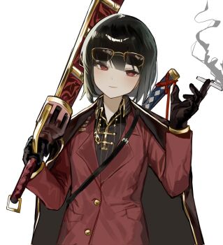 1girl alternate_costume black_gloves black_hair black_jacket black_shirt blunt_bangs bob_cut cigarette cowboy_shot eyewear_on_head gloves gold_trim head_tilt highres holding holding_cigarette holding_sword holding_weapon jacket jacket_on_shoulders limbus_company looking_at_viewer orara_10 project_moon red_eyes red_vest ryoshu_(project_moon) scabbard sheath shirt short_hair smirk smoke smoke_trail solo sunglasses sword thumb_(identity)_(project_moon) vest weapon