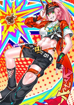 1girl abs absurdres arm_up asymmetrical_legwear asymmetrical_sleeves baseball_cap belt black_hat black_leg_warmers black_shoes black_shorts breasts bridal_gauntlets commentary_request crop_top cropped_jacket fang fishnet_bridal_gauntlets fishnet_top fishnets green_eyes grin hat highres honkai:_star_rail honkai_(series) horned_hat jacket kuji-in leg_warmers long_hair looking_at_viewer medium_breasts midriff monkey navel open-toe_shoes open_clothes open_jacket pink_hair ponytail rappa_(honkai:_star_rail) red_arm_warmers red_jacket saishijyou shirt shoes short_shorts shorts sidelocks single_bridal_gauntlet smile solo spray_can teeth tied_shirt uneven_sleeves very_long_hair white_belt white_shirt wrist_belt zipper zipper_pull_tab