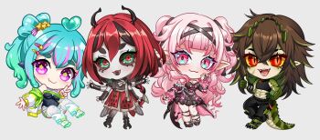 Rule 34 | 4girls, :3, beri (beribug), black dress, black gloves, black leotard, black pants, black shirt, black streaks, brown hair, chibi, colored inner hair, colored sclera, colored skin, crocodile girl, crocodilian tail, dress, fingerless gloves, gloves, green hair, green scales, green streaks, grey skin, indie virtual youtuber, kairyu crocodile, ladybug girl, leotard, looking at viewer, multicolored hair, multiple girls, open mouth, pants, piapi ufo, pointy ears, red eyes, shirt, smile, streaked hair, tail, thighhighs, tori oriane, uguubear, virtual youtuber, white thighhighs, yellow sclera