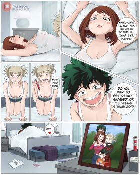 2girls absurdres blonde_hair blood boku_no_hero_academia breasts brown_eyes brown_hair character_doll character_transformation commentary dismaiden doll english_commentary english_text green_eyes green_hair highres holding holding_test_tube implied_cunnilingus indoors large_breasts lying messy_hair midoriya_izuku multiple_girls notice_lines on_back on_bed panties photo_(object) pink_panties purple_panties sidelocks speech_bubble tank_top test_tube toga_himiko transformation underwear uraraka_ochako white_tank_top yellow_eyes yuri