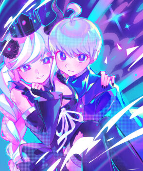 1boy 1girl ahoge black_dress black_flower black_gloves black_horns black_nails black_thighhighs blue_background braid breasts bright_pupils carrying cleavage closed_mouth crown detached_sleeves dress fingerless_gloves flower gloves hand_on_another&#039;s_shoulder highres horns iro_(mywife_sunny) long_hair long_sleeves looking_at_viewer master_detective_archives:_rain_code multicolored_hair nail_polish open_mouth pink_eyes pink_hair princess_carry purple_eyes purple_hair ribbon shinigami_(rain_code) short_hair smile sparkle thighhighs twin_braids very_long_hair white_hair white_pupils white_ribbon yuma_kokohead