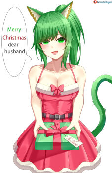Rule 34 | 1girl, :d, absurdres, animal ear fluff, animal ears, artist name, bare arms, bare shoulders, belt, black belt, blush, bow, box, breasts, cat ears, cat girl, cat tail, christmas, christmas outfit, cleavage, collarbone, cowboy shot, dress, english text, fur-trimmed dress, fur trim, gift, gift box, green eyes, green hair, green tail, highres, holding, holding gift, incoming gift, large breasts, long hair, looking at viewer, lori hagami, medium breasts, merry christmas, open mouth, original, patreon logo, patreon username, ponytail, red dress, santa costume, santa dress, simple background, smile, solo, speech bubble, tail, watermark, web address, white background