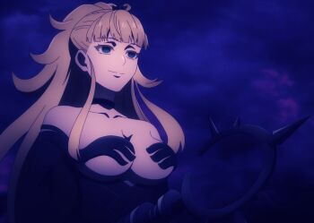 1girl anime_screenshot bare_shoulders black_choker black_eyes blonge_hair breasts choker cleavage collarbone corruption detached_sleeves empty_eyes highres holding holding_staff large_breasts lips long_hair long_sleeves nonaka_himeno revealing_clothes smile staff stitched third-party_edit