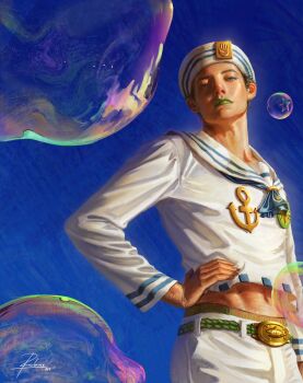 Rule 34 | 1boy, 2ngap, absurdres, anchor ornament, belt, black hair, green belt, green lips, hand on own hip, hat, higashikata josuke (jojolion), highres, jojo no kimyou na bouken, jojolion, midriff peek, pants, sailor collar, sailor hat, sailor shirt, shirt, soap bubbles, white pants