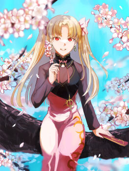 Rule 34 | 1girl, absurdres, ao dai, blonde hair, commentary request, earrings, ereshkigal (fate), ereshkigal (youming niangniang) (fate), fate/grand order, fate (series), flower, hair ribbon, hand fan, highres, jewelry, light smile, looking at viewer, mizukai crisis, official alternate costume, omame korokor, red eyes, red nails, red ribbon, ribbon, sitting on branch, two side up, vietnamese clothes