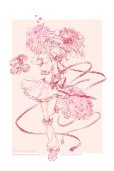 2girls :d amulet_heart arm_garter artist_name blush border cheerleader chibi chibi_inset commentary_request crop_top frilled_shirt frilled_socks frills hair_ornament heart heart_hair_ornament holding holding_pom_poms jewelry kneehighs looking_at_viewer midriff miniskirt multiple_girls navel neck_ribbon necklace open_mouth outside_border pink_hair pink_shoes pink_skirt pom_pom_(cheerleading) pom_poms ponytail red_ribbon ribbon ryokuno_green shirt shoes short_hair shugo_chara! skirt smile sneakers socks standing standing_on_one_leg swept_bangs visor_cap watermark white_border white_shirt white_socks yellow_background yellow_eyes