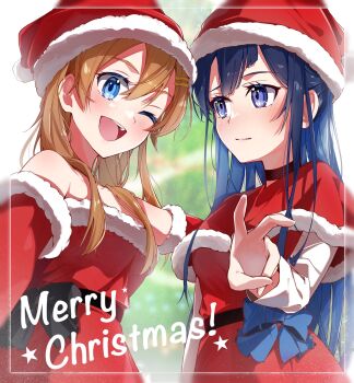 2girls blue_eyes blue_hair brown_hair choker closed_mouth comadori09 commentary_request dress fur-trimmed_headwear fur_trim hair_ornament hairclip hat highres kurogane_ren long_hair merry_christmas multiple_girls nabatame_haru one_eye_closed open_mouth purple_eyes red_dress red_hat santa_costume santa_hat shine_post teeth upper_teeth_only