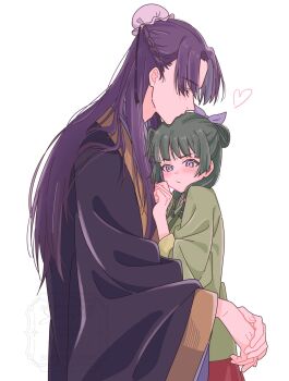 Rule 34 | 1boy, 1girl, blunt bangs, blush, braid, bun cover, chinese clothes, closed eyes, closed mouth, commentary request, freckles, green hair, hair bun, hair over shoulder, half updo, hand up, hanfu, heart, height difference, hetero, highres, hug, jinshi (kusuriya no hitorigoto), kiss, koharusame, kusuriya no hitorigoto, long hair, long sleeves, maomao (kusuriya no hitorigoto), multi-tied hair, own hands together, profile, purple eyes, purple hair, simple background, single hair bun, white background, wide sleeves