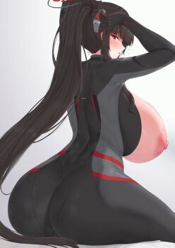 1girl arms_up ass back black_bodysuit black_hair blue_archive blush bodysuit breasts breasts_out cream_cod hair_ornament halo high_ponytail huge_breasts long_hair looking_at_viewer looking_back nipples open_clothes ponytail red_eyes rio_(armed)_(blue_archive) rio_(blue_archive) sidelocks sitting solo thick_thighs thighs