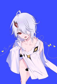 1girl ahoge bandage_over_one_eye bare_shoulders blue_background breasts character_request commentary dotted_line duet_night_abyss grey_hair hair_over_one_eye highres horns ia_(ias1010) looking_at_viewer open_mouth red_eyes simple_background small_breasts solo tongue tongue_out