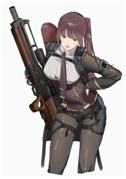 1girl absurdres black_gloves black_jacket black_pantyhose black_shorts breasts brown_corset brown_necktie bullpup button_gap chest_harness collared_shirt corset cropped_legs girls'_frontline girls'_frontline_2:_exilium gloves gun hair_ribbon hand_on_own_hip harness highres holding holding_gun holding_weapon instrument_case jacket large_breasts long_hair looking_at_viewer makiatto_(girls'_frontline_2) necktie open_mouth pantyhose partially_fingerless_gloves partially_unbuttoned ponytail purple_corset purple_hair red_eyes red_necktie red_ribbon ribbon rifle shirt shorts side_ponytail simple_background sniper_rifle solo sutekina_awa violin_case wa2000_(girls'_frontline) walther walther_wa_2000 weapon white_background white_shirt