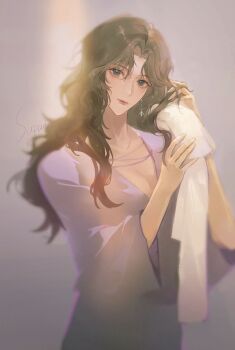 1girl after_bathing black_eyes black_hair blurry blurry_background breasts cat's_eye cleavage curly_hair curtained_hair earrings hashtag-only_commentary head_tilt highres holding holding_towel jewelry kisugi_rui looking_at_viewer parted_bangs signature simple_background solo supaii16 towel upper_body wet wet_hair