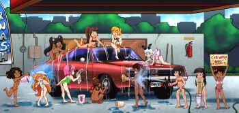 6+girls absurdres all_fours animal_hair_ornament antennae arthropod_girl ass barefoot bee_girl bee_wings bikini black_bikini black_hair blonde_hair blue_one-piece_swimsuit borrowed_character bow braid brown_hair bucket building car car_wash character_request city closed_eyes cloud collarbone crown dakunart dark_skin fire_extinguisher flat_chest food_on_body fur_collar glasses green_bikini green_eyes green_one-piece_swimsuit grey_shirt grin hair_bow hair_bun hair_ornament hair_rings hairband harem hat highres holding holding_bucket holding_hose holding_sign holding_sponge hose insect_girl insect_wings leaning_forward loli long_hair marcy_(dakunart) mely moth_girl moth_wings motor_vehicle multiple_girls navel nude one-piece_swimsuit open_mouth original personification pink_bikini pink_bow pink_hair polly_(dakunart) ponytail pouring_onto_another puddle purple_bikini purple_shirt rabbit_hair_ornament red_bikini red_bow rosca-chan rosca_de_reyes shiro-chan shirt short_hair side-tie_bikini_bottom sign sitting sky skyscraper slingshot_swimsuit smile soap_bubbles sponge spraying squatting standing surprised swimsuit tank_top teeth tree twin_braids twintails vera_(dakunart) washing_vehicle water wet white_hat wings wristband xime_(dakunart) xiomara_(dakunart)