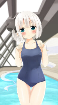 1girl alternate_costume black_hairband blue_eyes blue_one-piece_swimsuit blush closed_mouth collarbone commentary_request cowboy_shot grey_hair hairband highres hitodama konpaku_youmu konpaku_youmu_(ghost) looking_at_viewer one-piece_swimsuit pool rei_no_pool school_swimsuit shishiky solo swimsuit touhou