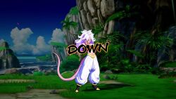 2girls android_21 android_21_(human) animated bandeau black_sclera bracelet brown_hair colored_sclera colored_skin dragon_ball dragon_ball_fighterz elbow_gloves food gloves hand_on_own_cheek hand_on_own_face harem_pants high_heels highres jewelry lab_coat long_hair majin_android_21 midriff multiple_girls neck_ring pants pink_skin red_pupils ring sound tagme tail transformation video vore white_hair