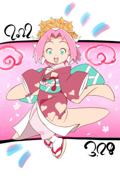 1girl chibi dated furisode green_eyes haruno_sakura japanese_clothes kimono naruto_(classic) naruto_(series) open_mouth pink_hair sahara_wataru short_hair solo
