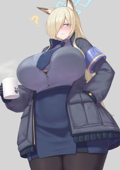 1girl ? animal_ears armband black_gloves black_jacket blonde_hair blue_archive blue_eyes blue_skirt blush bra bra_peek breasts brown_pantyhose button_gap clenched_teeth cream_cod cup dog_ears dress_shirt extra_ears gloves grey_shirt hair_over_one_eye halo highres huge_breasts jacket kanna_(blue_archive) long_hair long_sleeves looking_at_viewer mug necktie open_clothes open_jacket pantyhose pencil_skirt sharp_teeth shirt skirt solo teeth thick_thighs thighs underwear wide_hips
