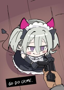 1girl 1other absurdres apron artist_self-insert chibi demon_horns demon_tail double-parted_bangs dress elbow_gloves english_text frilled_apron frilled_dress frills gloves go_do_a_crime_(meme) grey_hair gun hair_between_eyes handgun highres holding holding_gun holding_gun_barrel holding_weapon horns indie_virtual_youtuber maid_headdress meme nagisa-chan_(nakatokung) nakatokung pov pov_hands purple_eyes solo_focus tail twintails virtual_youtuber weapon wooden_floor