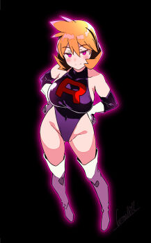 1girl bare_shoulders batta_16-sei black_background blush boots breasts closed_mouth cosplay covered_navel elbow_gloves full_body gloves hair_between_eyes hands_on_own_hips highleg highleg_leotard highres large_breasts leotard looking_at_viewer misty_(pokemon) nintendo orange_hair pink_eyes pokemon pokemon_hgss purple_eyes purple_leotard short_hair simple_background smile solo standing team_rocket team_rocket_uniform thigh_boots thighhighs thighs white_gloves