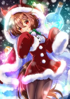 1girl agnes_tachyon_(umamusume) animal_ears black_pantyhose blush bow breasts brown_hair cape commentary_request cork dress flask fur-trimmed_dress fur_trim green_bow guinea_pig hair_between_eyes highres hood hood_up hooded_cape horse_ears horse_girl horse_tail long_sleeves looking_at_viewer medium_hair mimishippo_suki open_mouth pantyhose red_cape red_dress red_eyes santa_costume santa_dress sleeves_past_fingers sleeves_past_wrists smile solo tail umamusume