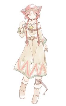 1girl alternate_costume animal_ears black_bow boots bow braid brown_boots brown_capelet brown_dress capelet cat_ears cat_girl commentary_request dress full_body hair_bow hand_up headband kaenbyou_rin light_blush rangycrow red_eyes red_hair smile solo split_mouth touhou twin_braids white_background