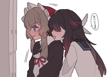 22_rink 2girls black_dress black_hair black_sailor_collar blue_eyes blush bonnet closed_eyes columbina_(genshin_impact) commentary dress genshin_impact grey_hair head_on_another's_shoulder highres locker long_hair multiple_girls open_mouth pink_streaks sailor_collar sandrone_(genshin_impact) shirt simple_background speech_bubble translation_request white_background white_shirt yuri