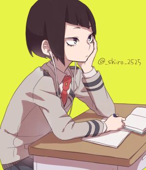 10s 1girl alternate_eye_color bad_id bad_pixiv_id black_hair blue_eyes boku_no_hero_academia book desk female_focus green_background head_rest jiro_kyoka long_sleeves necktie open_book paper pleated_skirt plug red_necktie school_desk school_uniform short_hair simple_background sitting skirt solo usazaki_shiro