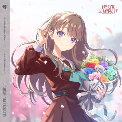 Rule 34 | 1girl, absurdres, album cover, arm up, black gloves, blue flower, blue rose, bouquet, brown dress, brown hair, character logo, character name, cherry blossoms, closed mouth, copyright logo, cover, dress, english text, falling petals, flower, fujishima megumi, gloves, graduation, green flower, green rose, grey flower, grey rose, half gloves, hasu no sora school uniform, highres, holding, holding bouquet, link! like! love live!, long hair, long sleeves, love live!, official art, orange flower, orange rose, petals, pink flower, pink petals, pink rose, pleated dress, purple eyes, purple flower, purple rose, rose, sailor collar, sailor dress, school uniform, second-party source, smile, solo, split mouth, two side up, virtual youtuber, white sailor collar, winter uniform, yellow flower, yellow rose