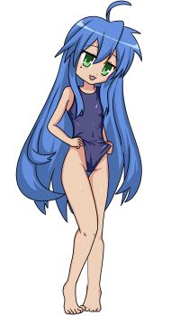 1girl absurdres ahoge barefoot blue_hair blue_one-piece_swimsuit green_eyes highres izumi_konata kira_(kagami_kuro) long_hair lucky_star mole mole_under_eye one-piece_swimsuit school_swimsuit solo swimsuit white_background