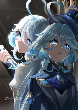 2girls ascot black_ascot black_jacket blue_eyes blue_hair blue_hat crying crying_with_eyes_open focalors_(genshin_impact) furina_(genshin_impact) genshin_impact hair_between_eyes hat heterochromia highres jacket jewelry long_hair mn multicolored_hair multiple_girls open_mouth red_eyes shirt streaked_hair suicide tears white_hair white_shirt