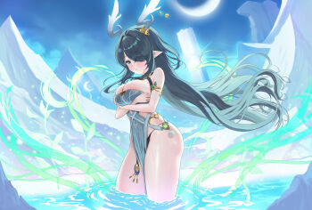 1girl absurdres antler_ornament antlers arms_under_breasts bare_shoulders black_hair blue_eyes blush breasts cleavage commentary_request deer_antlers dendro_symbol_(genshin_impact) elsynien from_side genshin_impact hair_over_one_eye highres horns large_breasts lauma_(genshin_impact) long_hair parted_lips solo standing very_long_hair vision_(genshin_impact) wading wet