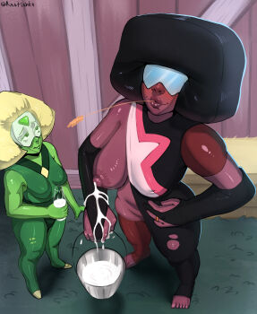 2girls absurdres afro black_hair blonde_hair blush bodysuit bottle breasts colored_skin costume dark_skin dress farm fusion garnet_(steven_universe) gem glasses gloves green_bodysuit green_skin highres lactation large_breasts milk_bottle multiple_girls nipples non-web_source peridot_(steven_universe) red_skin short_hair smile steven_universe sunglasses toes