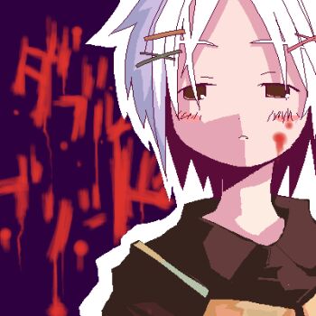 asami_natsuhito blood blood_drop blood_on_face brown_shirt collared_shirt dot_nose facing_viewer hair_ornament hairclip half-closed_eyes jaggy_lines looking_to_the_side lowres no_sclera original outline parted_bangs parted_lips purple_background shirt short_hair simple_background thick_outlines translation_request upper_body white_hair white_outline wing_collar