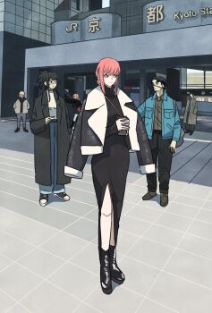 Rule 34 | 3boys, 3girls, bag, black coat, black dress, black footwear, black hair, black sweater, blonde hair, blue jacket, braid, braided ponytail, chainsaw man, coat, cup, denji (chainsaw man), disposable coffee cup, disposable cup, dress, hand in pocket, handbag, hands in pockets, hayakawa aki, highres, holding, holding cup, jacket, jacket on shoulders, kurose yuutarou, long hair, looking at another, looking to the side, makima (chainsaw man), medium hair, multiple boys, multiple girls, open mouth, ponytail, power (chainsaw man), red hair, scar, scar on face, short hair, shorts, side slit, sidelocks, smile, sweater, takeuchi ryousuke, tendou michiko, topknot, turtleneck, turtleneck dress