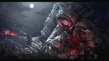 1girl 5boys aircraft animal_ears blood camouflage camouflage_jacket check_copyright cloud commission copyright_request dated_commentary death flare full_moon gloves grass grey_theme gun helicopter hetza_(hellshock) hood jacket long_sleeves medium_hair mi-8 military_uniform moon multiple_boys night original outdoors pink_hair red_eyes rifle rock skeb_commission smoke stab standing upper_body weapon