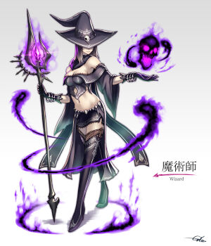1girl black_boots boots breasts brown_hair caption casting_spell clothing_cutout commentary_request covered_face cutout_above_navel fantasy female_focus gia gloves glowing glowing_weapon gradient_background grey_background hand_up hat high_heels highres holding holding_weapon jewelry mage_staff magic medium_breasts medium_hair midriff miniskirt navel original puffy_sleeves signature simple_background skirt skull smile solo staff standing thigh_boots thighhighs walking weapon witch_hat